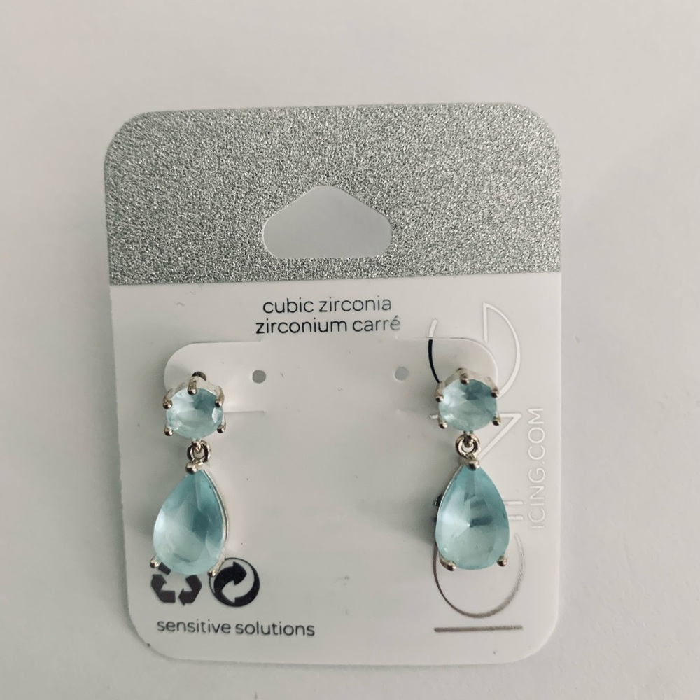 Cubic Zirconia Drop Earrings - Silver and Blue